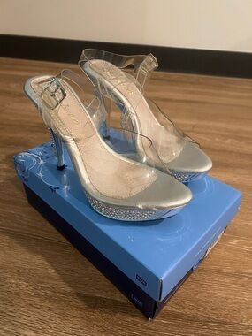 Fabulicious Clear Strap Silver Platform Heels with Rhinestone Accents